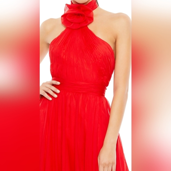 NWT! Ieena for Mac Duggal, Asymmetrical Halter Tiered A Line Gown, Red, Size 2 - Picture 3 of 13